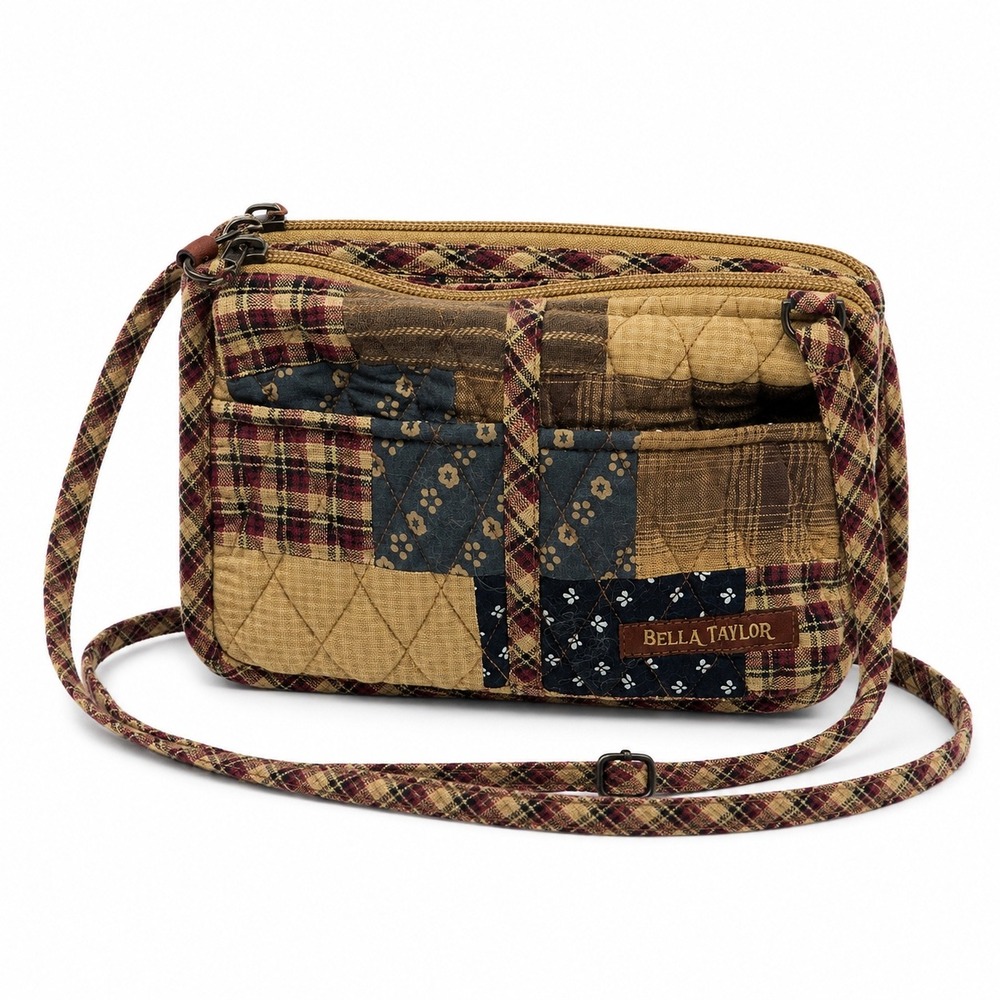 Bella Taylor Essentials Quilted Patchwork Crossbody Bag Tan Navy Plaid Cotton